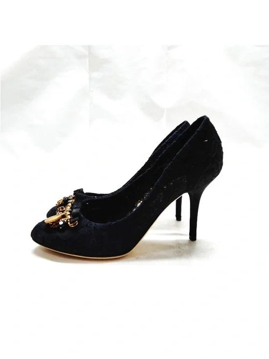 Dolce & Gabbana Bellucci Black Taormina Lace Pumps with Gold Charm Accents - Picture 4 of 9